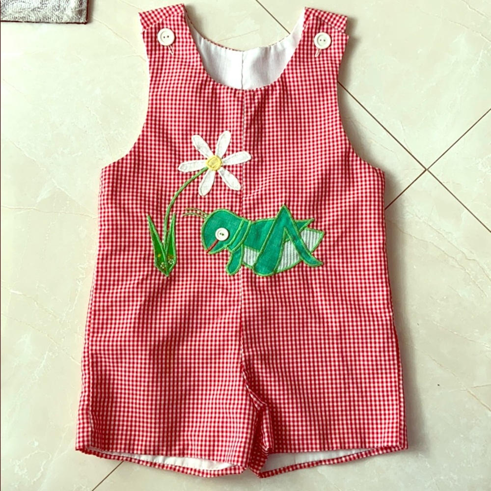 Boys 4T shortall embroidered grasshopper gingham